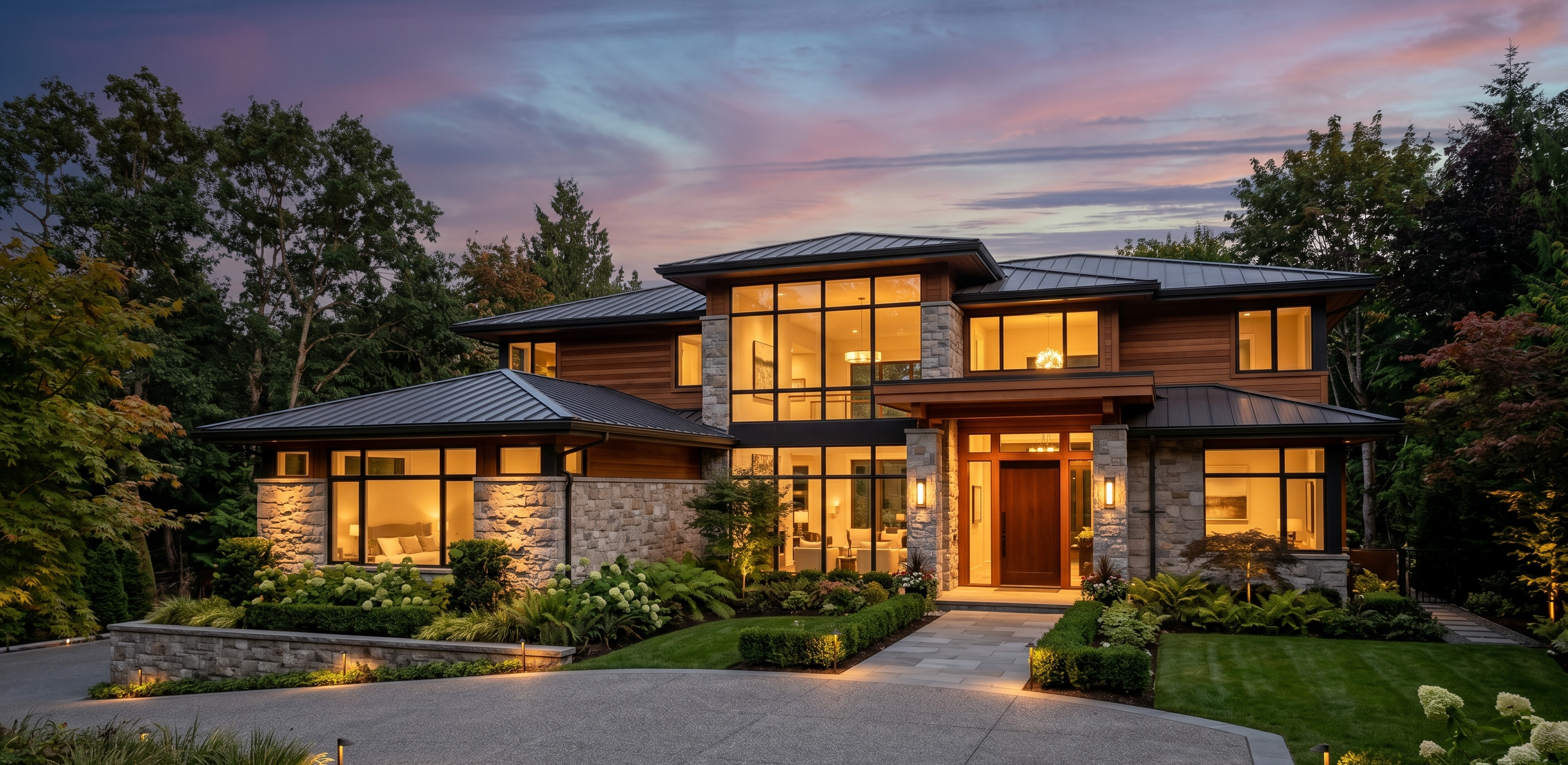 Custom home exterior at dusk