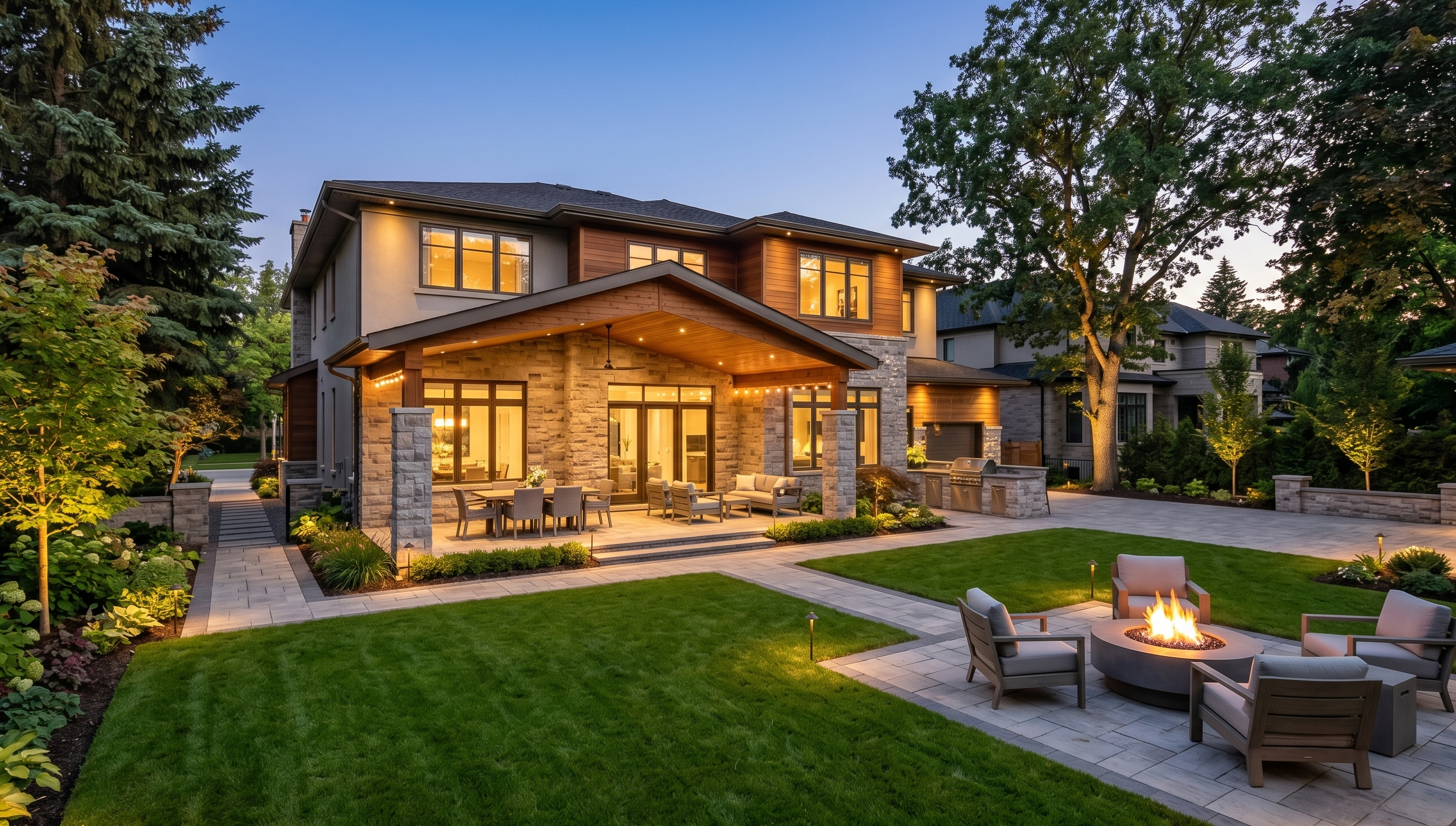 Custom home exterior at dusk with covered stone patio, outdoor kitchen, and fire pit seating