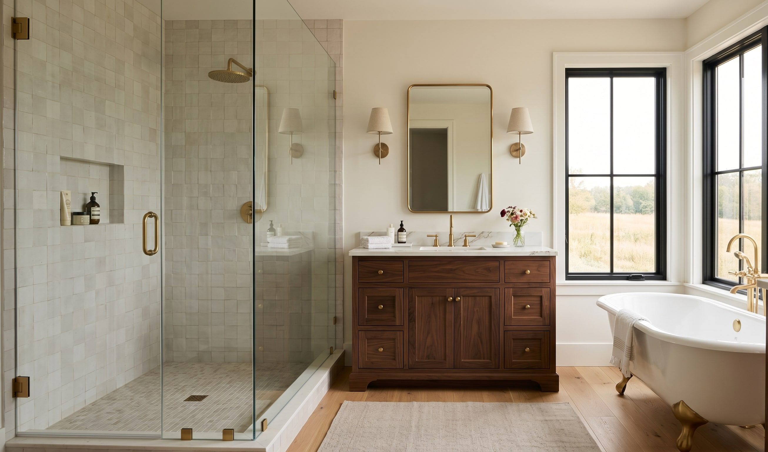 Primary bathroom with a double vanity and marble tile, bathroom renovation