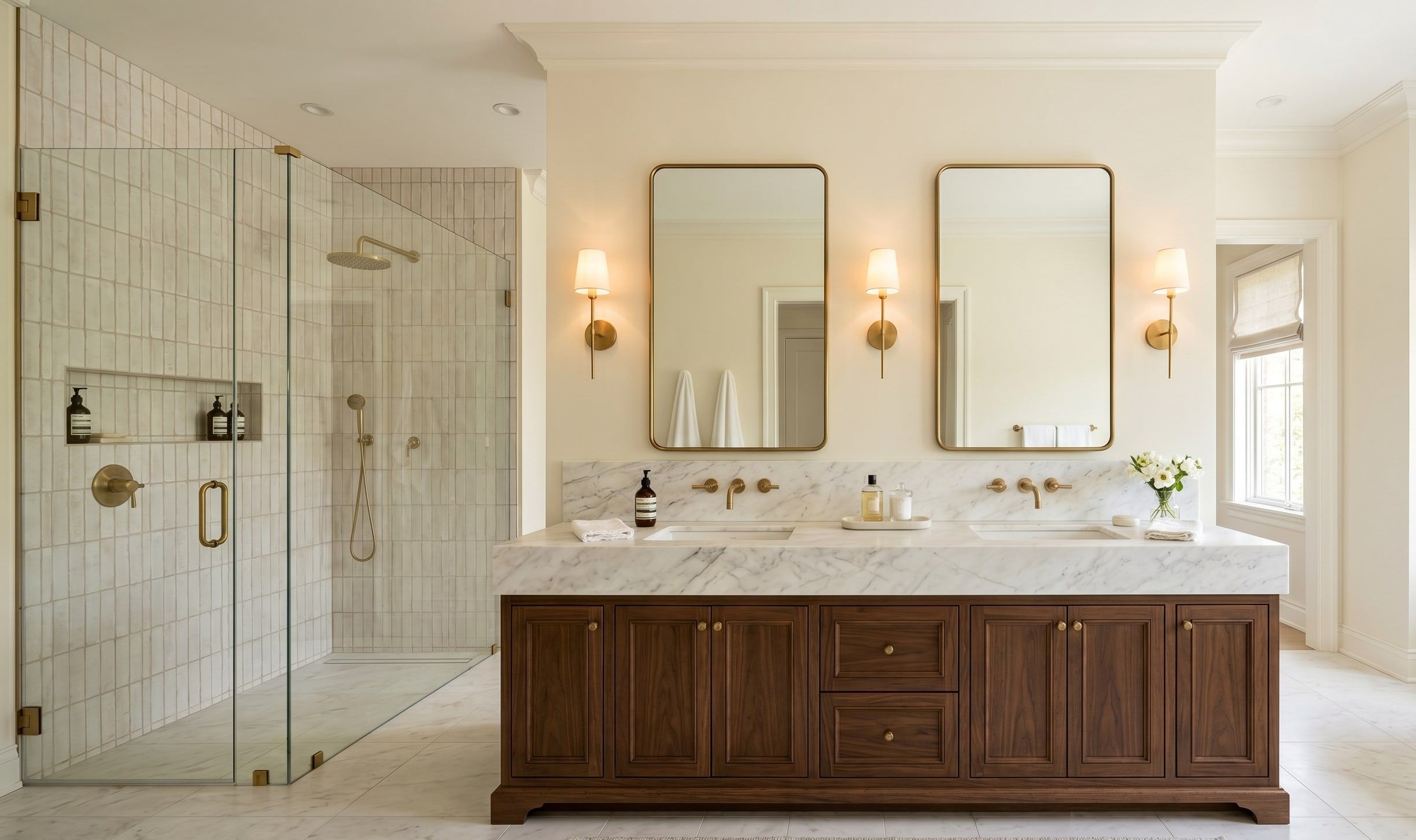 Marble bathroom with a walk-in shower, bathroom remodel
