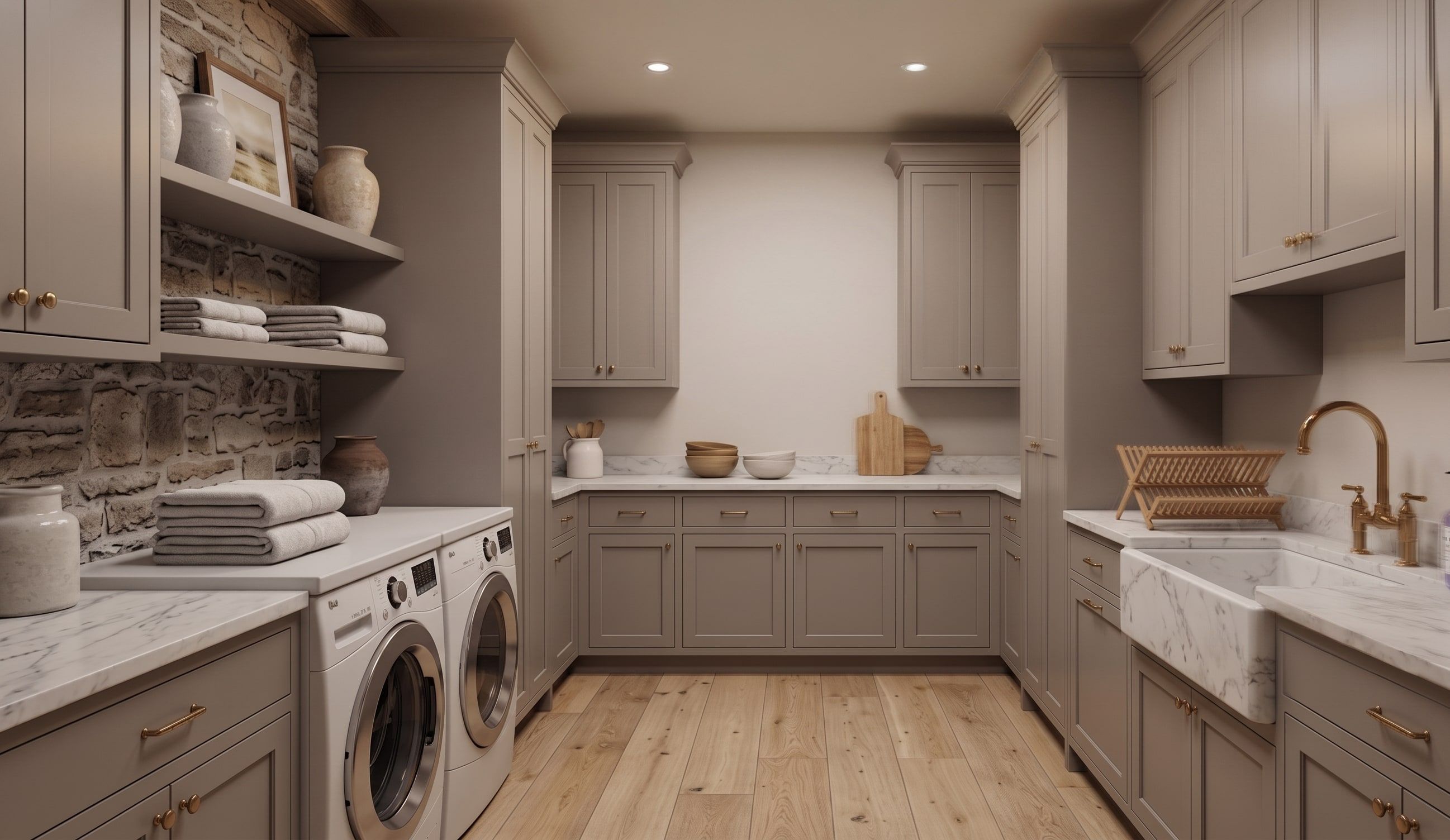 Custom laundry room with cabinetry and stone counters, home remodel