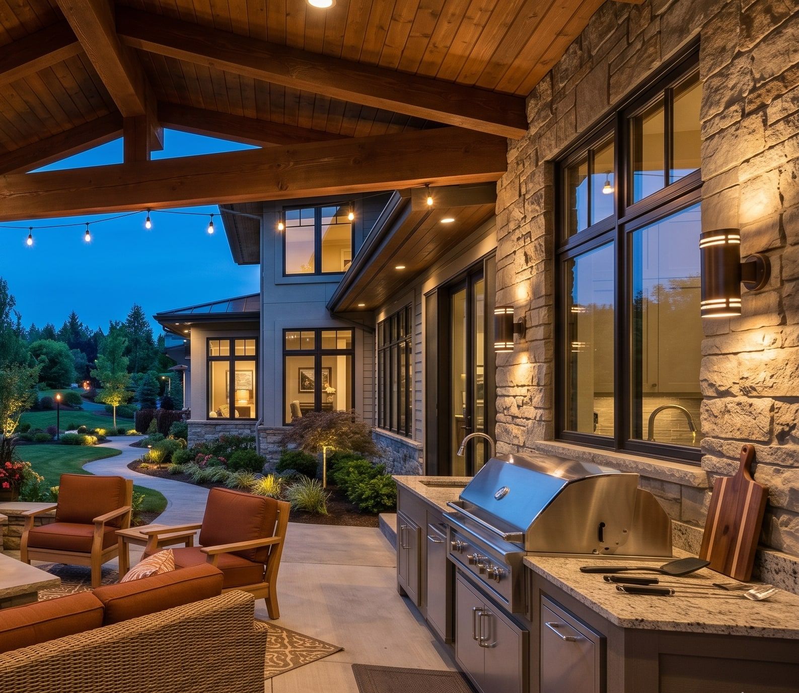 Covered outdoor kitchen and living space, custom home addition