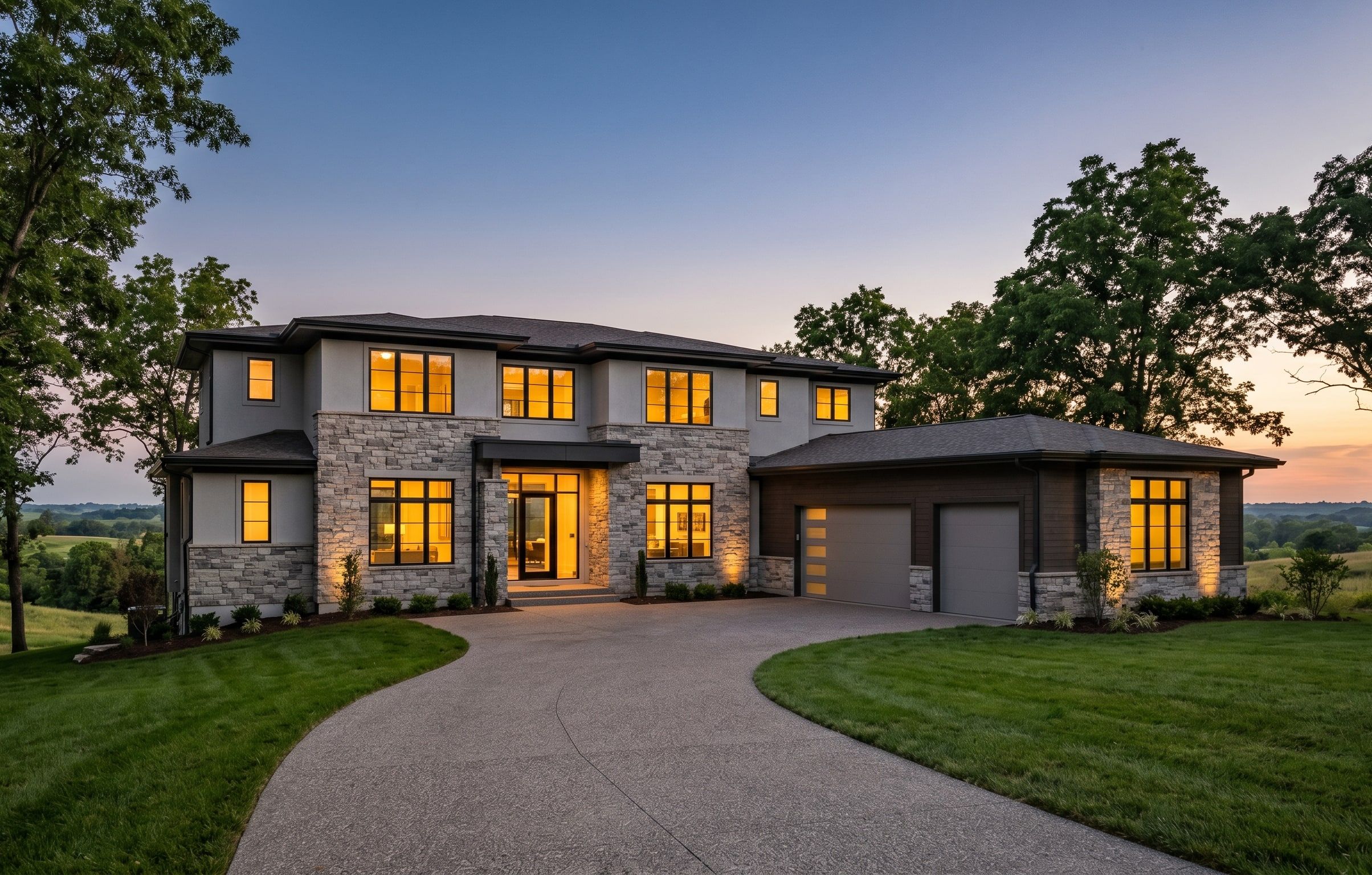 Luxury custom home exterior at dusk, custom home building and remodeling