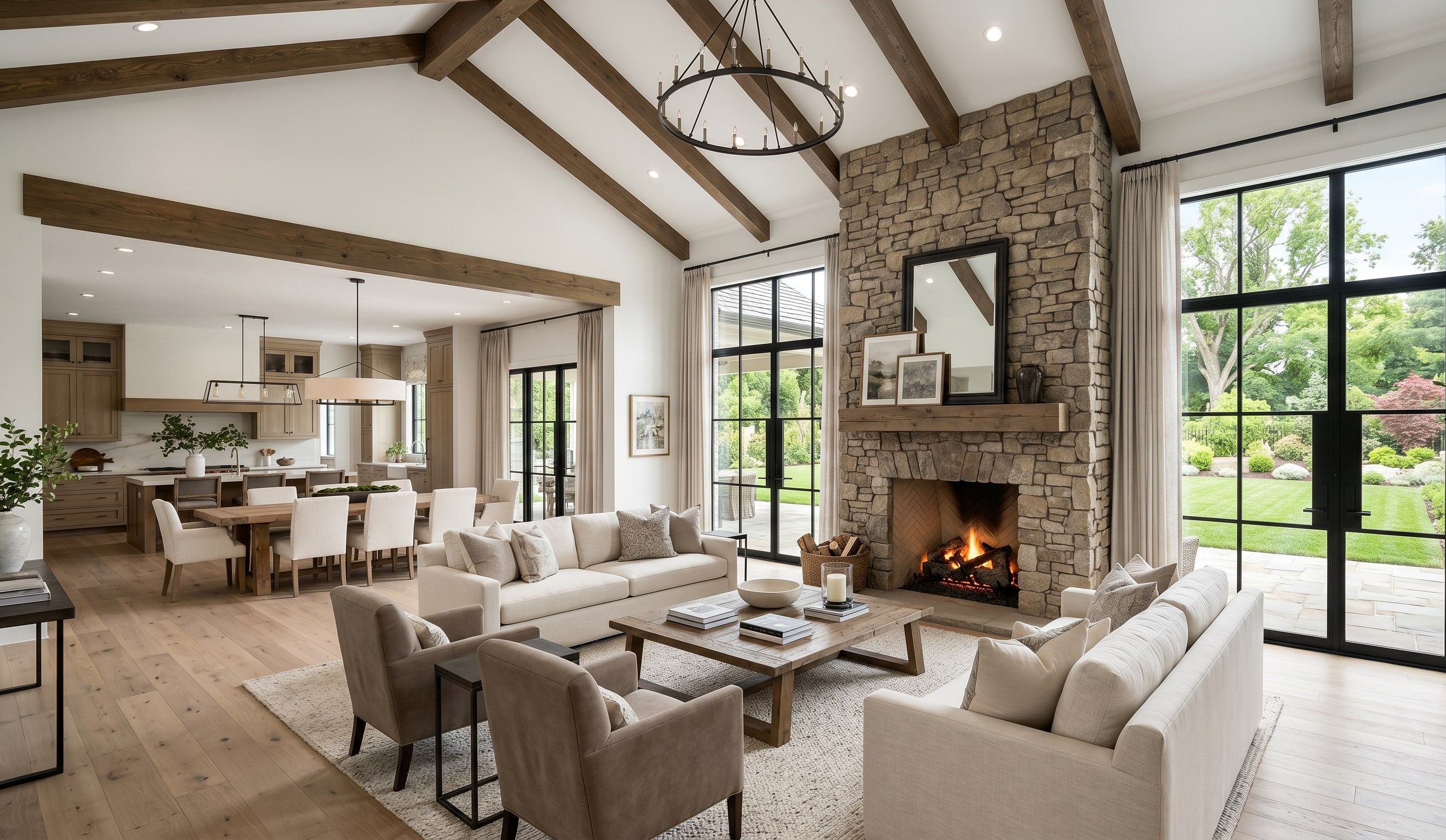 Custom home great room with a stone fireplace and vaulted ceiling