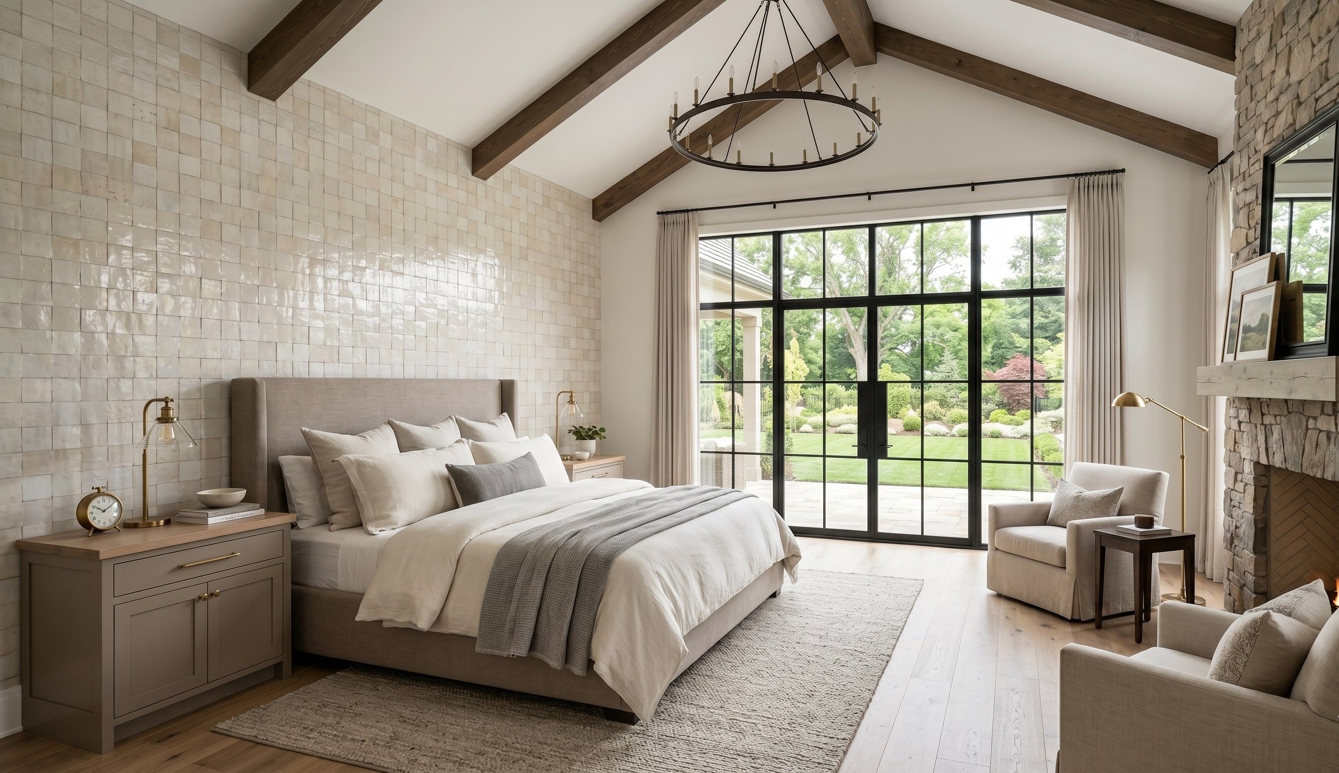Custom home primary suite interior with a vaulted beam ceiling and garden view