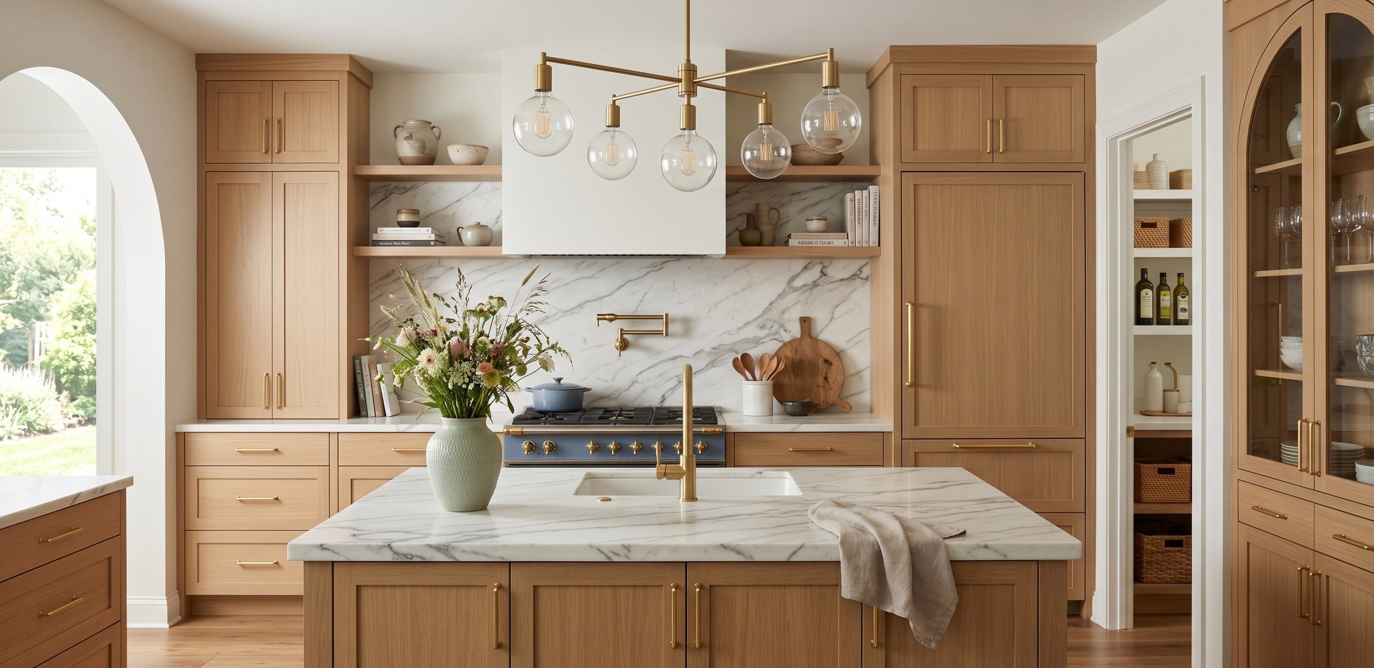 Kitchen with white oak cabinetry, marble backsplash, and brass fixtures